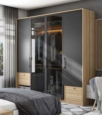 modern black and beige wardrobe in the bedroom with bedding side table and grey chair