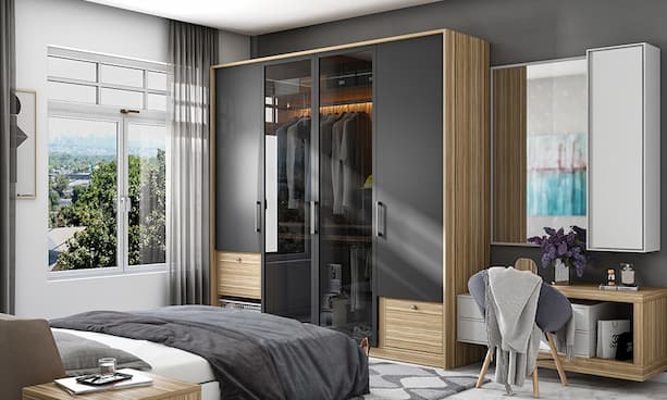 modern black and beige wardrobe in the bedroom with bedding side table and grey chair