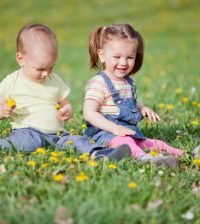two babies sitting on grass in the summer
